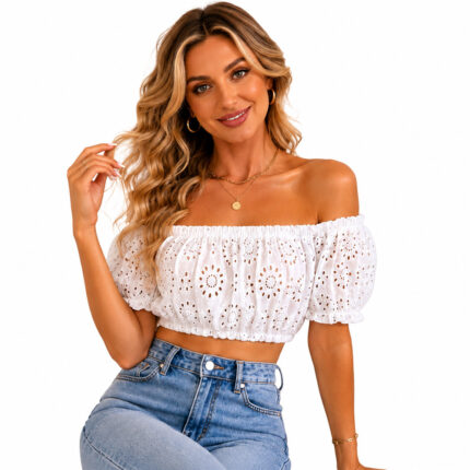 Shivette Eyelet Off-Shoulder Crop Broderie Puff Sleeve Romantic Blouse top with lining