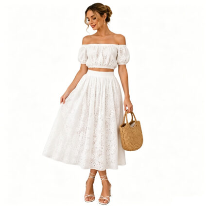 Shivette Romance Eyelet Crop Top White Embroidered Eyelet Two-Piece Midi Skirt Set with lining