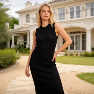 Black sleeveless ribbed knit bodycon dress side view outdoor
