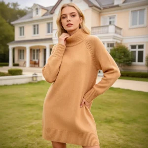 Ribbed cuff detail on camel wool blend sweater dress sleeve
