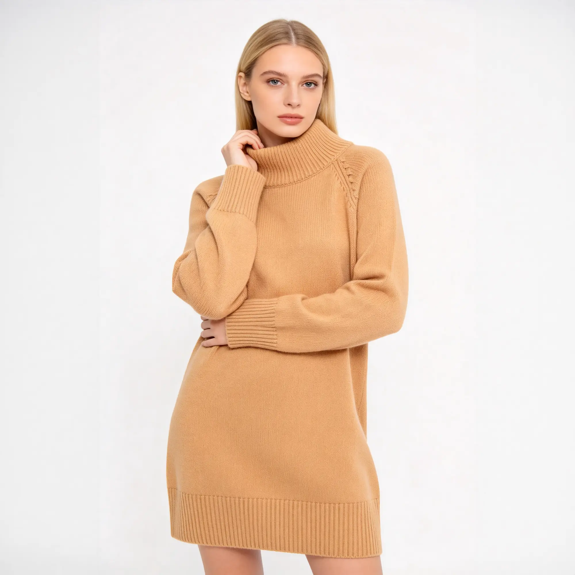 Ribbed Hem Detail Ribbed hem detail on camel turtleneck sweater dress