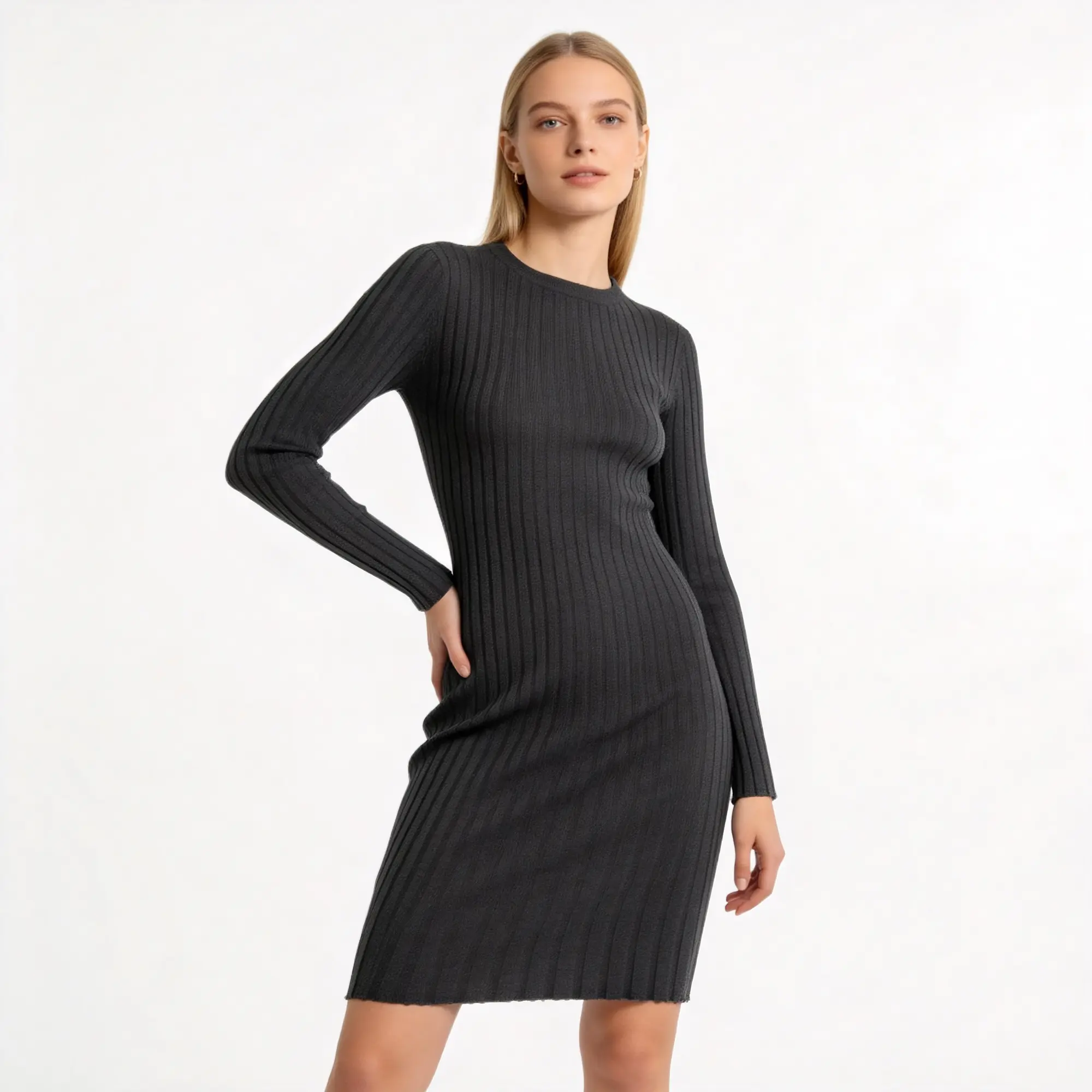 Ribbed Knit Bodycon Midi Dress Crew Neck Detail Ribbed knit bodycon midi dress worn outdoors front view