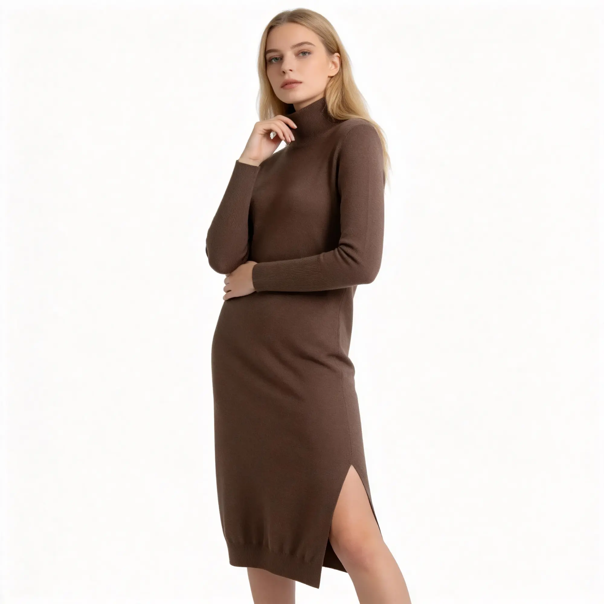 Ribbed Turtleneck Sweater Dress Back View Back view of ribbed turtleneck bodycon midi sweater dress