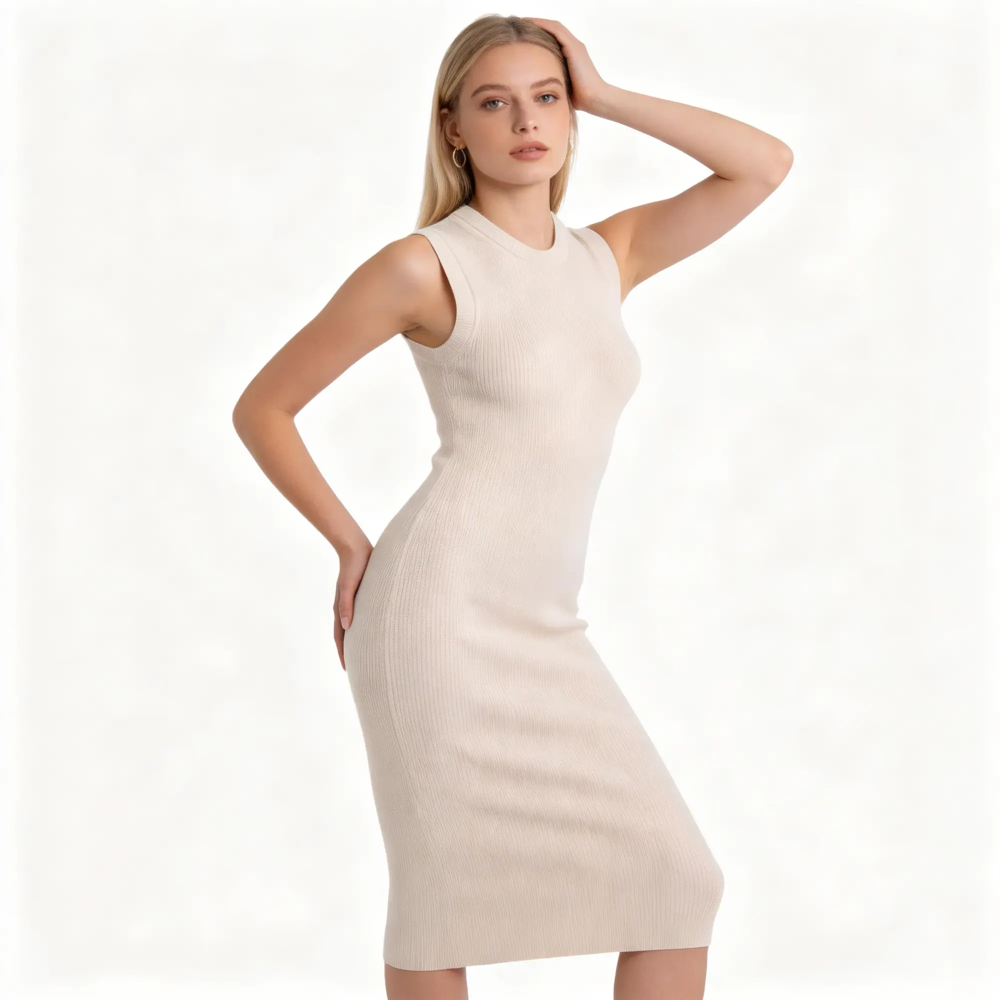 Sleeveless Ribbed Knit Bodycon Dress Front View Sleeveless ribbed knit bodycon dress worn outdoors front view