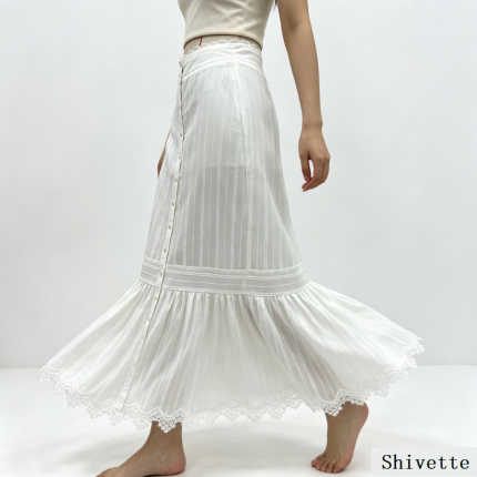 White Eyelet Lace Mermaid Maxi Skirt High Waist Front Button Ruffled Long Skirt