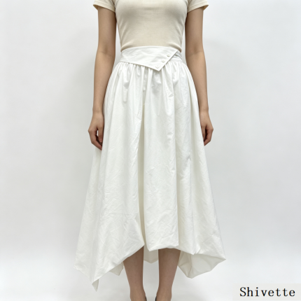 White Asymmetric Midi Skirt Lap Waist Decorative Buttons Gathered Flowy Irregular Hem Skirt