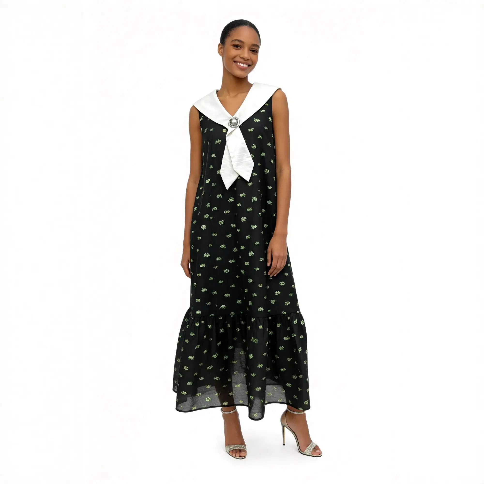 Black Ditsy Floral Sailor Collar Midi Dress – Front View Black floral print sleeveless dress with white sailor collar and tie bow, front view