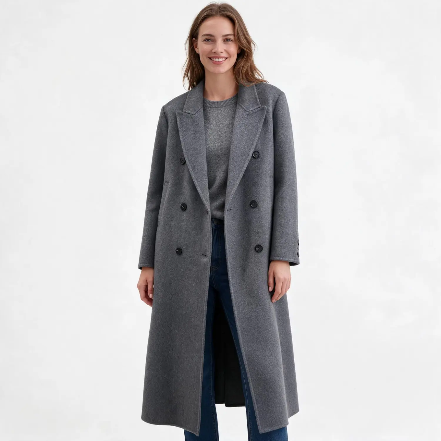 Charcoal Grey Double-Breasted Wool Coat – Notch Lapel Charcoal grey double-breasted wool coat with notch lapel on hanger
