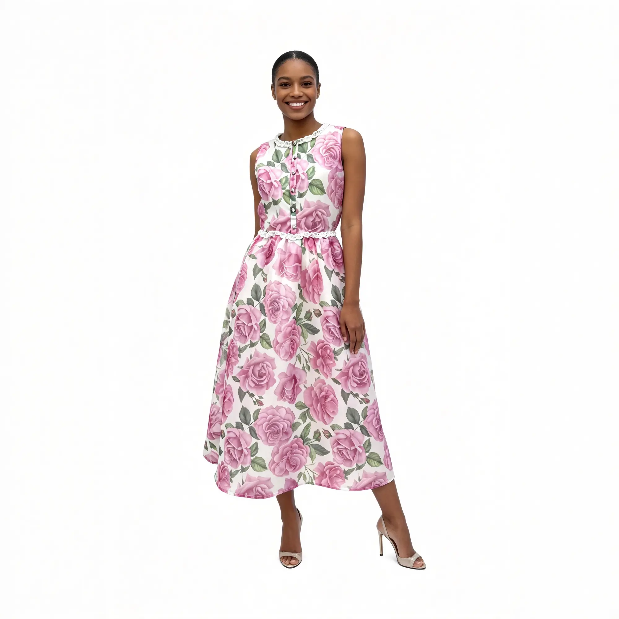 Pink Rose Print Ruffle Trim Midi Dress – Front View Pink floral rose print sleeveless midi dress with lace ruffle neckline, front view