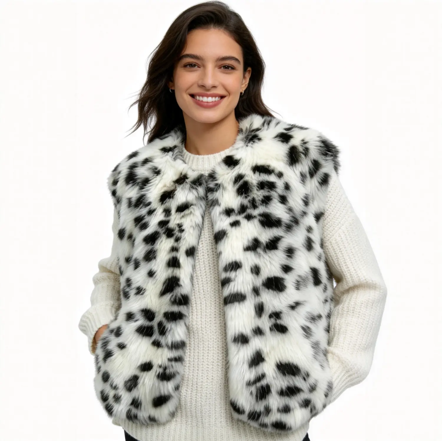 Spotted Faux Fur Vest – Studio Shot Close-up of black and white spotted faux fur vest on model, studio shot