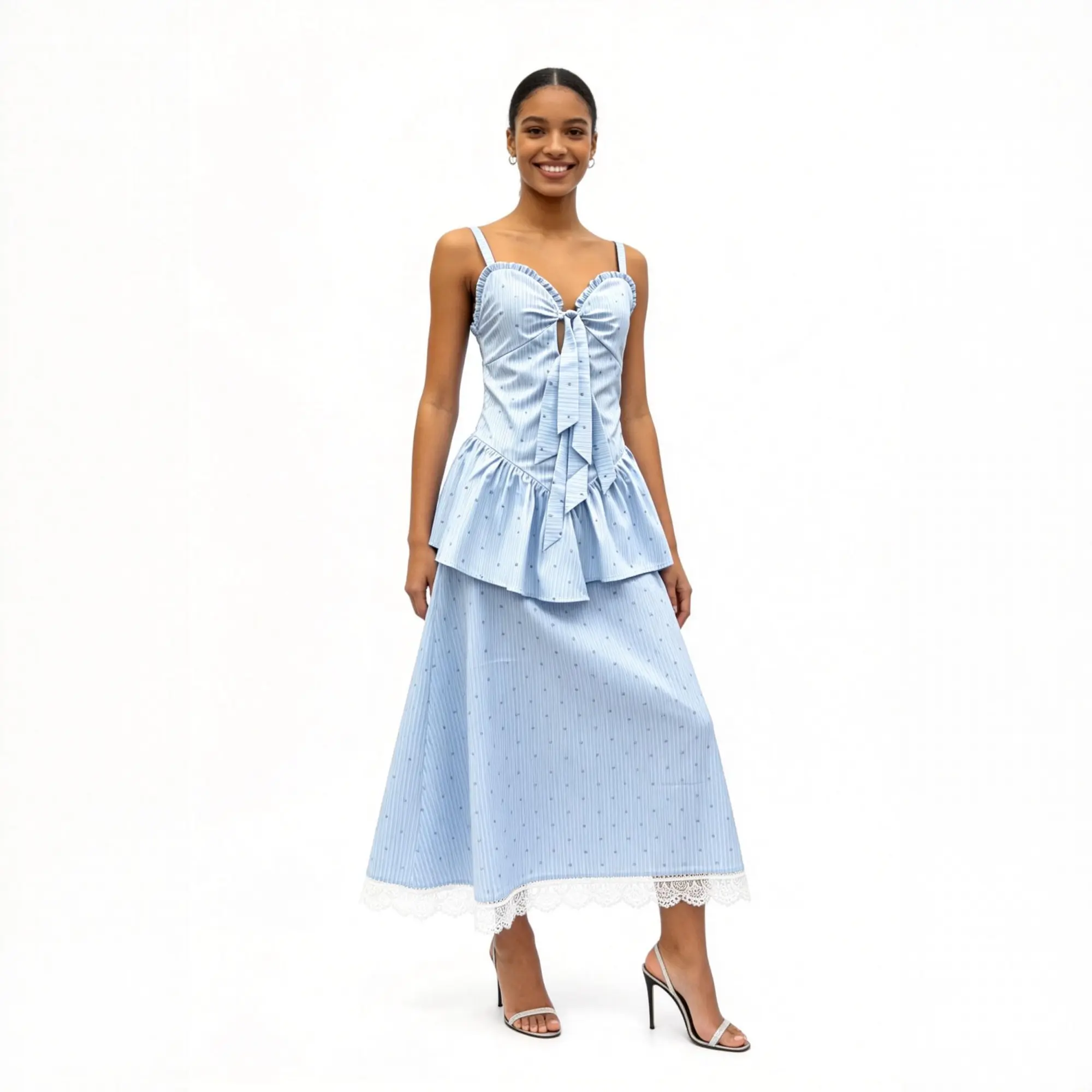 Tie-Front Bow Detail – Blue Striped Peplum Dress Close-up of tie-front bow detail on blue striped smocked bodice dress