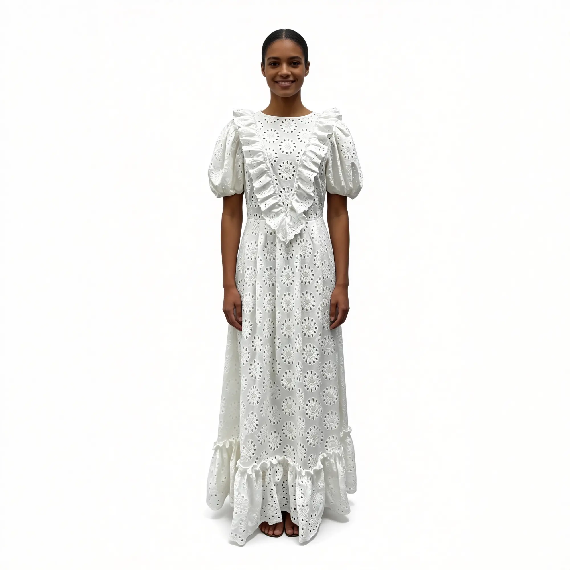 White Eyelet Embroidery Puff Sleeve Ruffle Maxi Dress – Front View White eyelet embroidery maxi dress with puff sleeves and ruffle front trim, front view