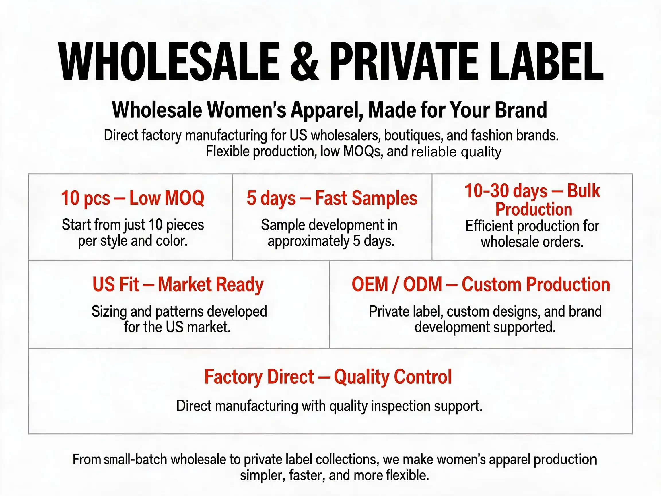 Women's apparel wholesale and custom manufacturing factory for fashion brands