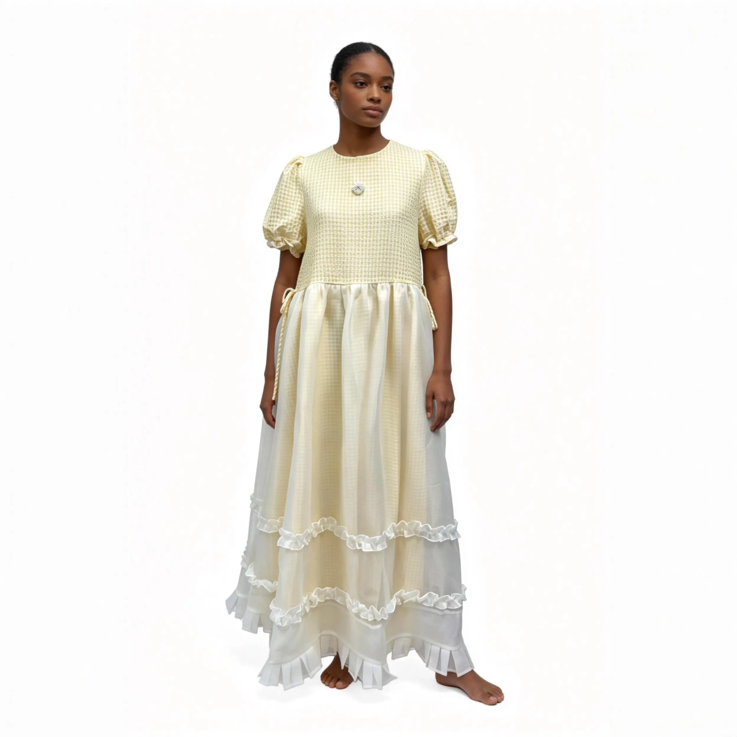 Yellow Gingham Puff Sleeve Tiered Ruffle Midi Dress – Front View Yellow gingham textured dress with puff sleeves and tiered ruffle hem, front view